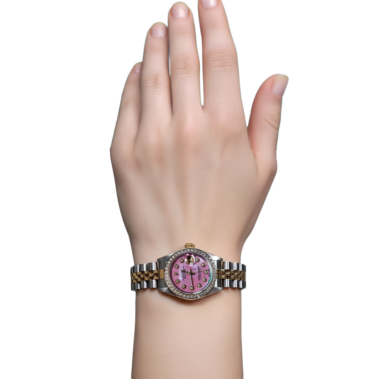 Rolex Ladies 18K Yellow Gold Pink Dial set Diamond Watch P4