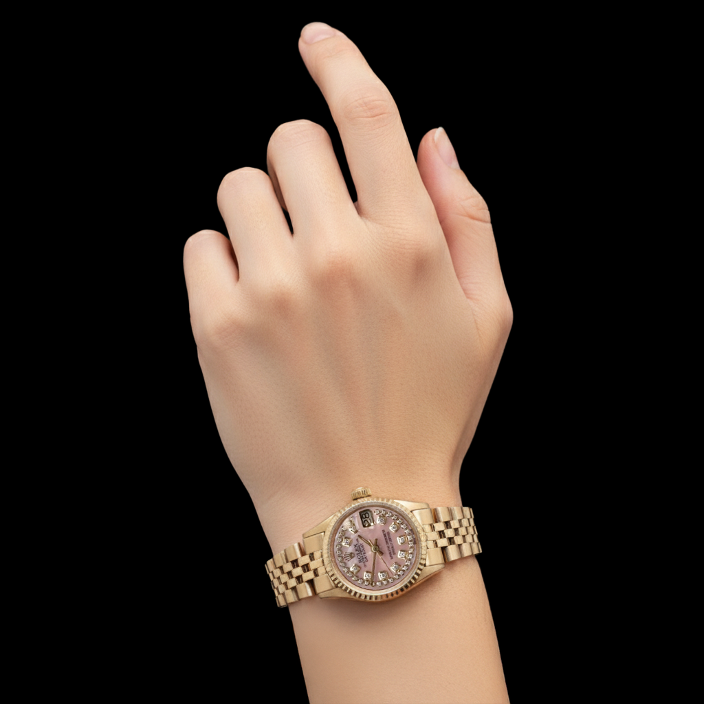 Rolex Lady Datejust Pink Mother Of Pearl String Diamond Dial Yellow Gold Watch P5