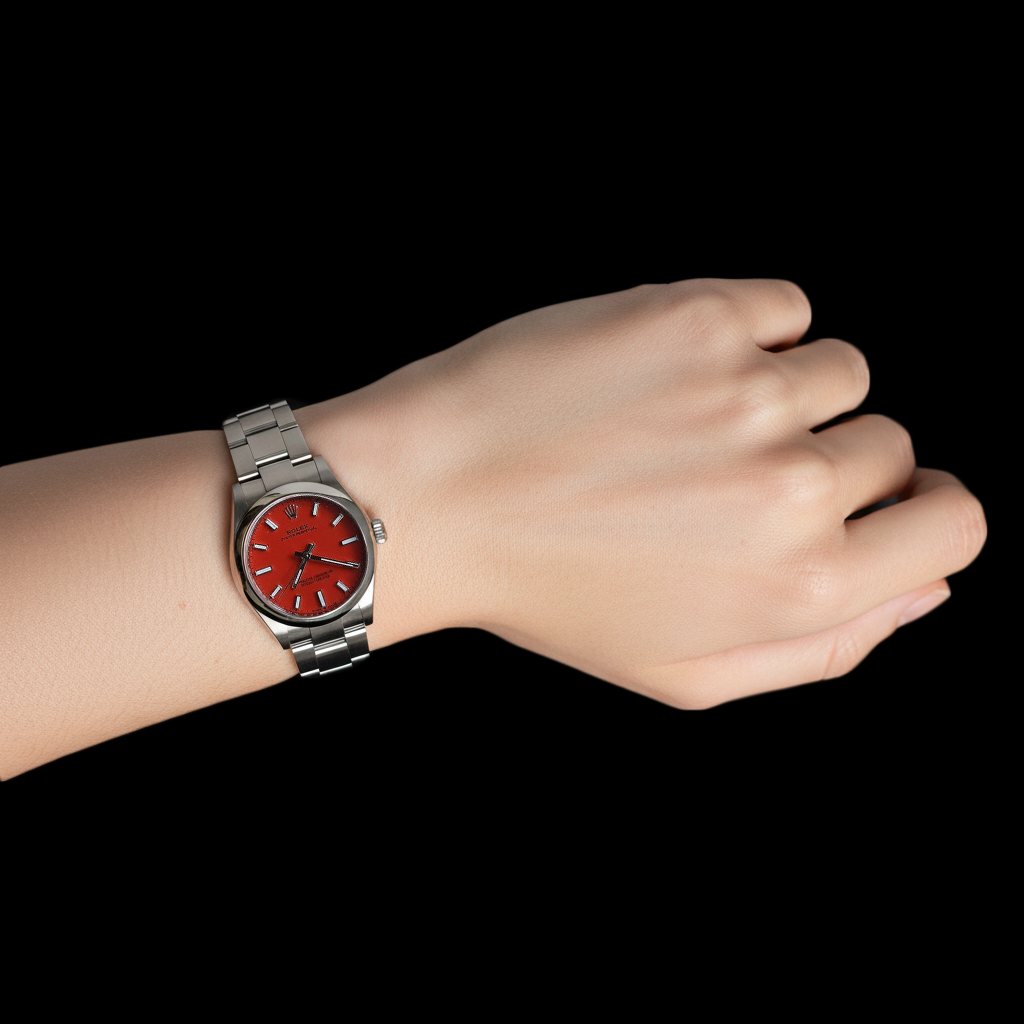 Rolex Oyster Perpetual Coral Red Luminous Dial Steel Watch P3