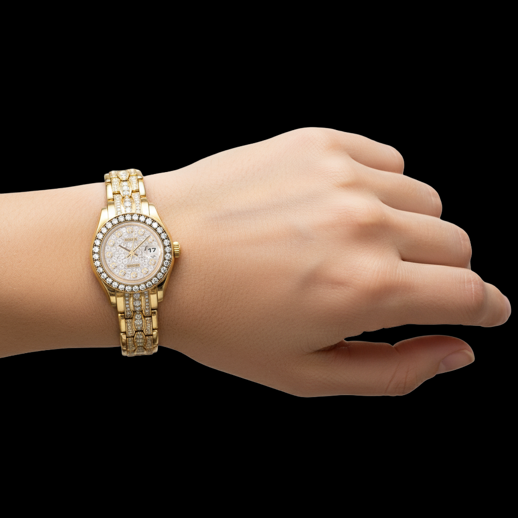 Rolex Pearlmaster 80298 Pave Diamond 26mm 18K Yellow Gold Ladies Watch