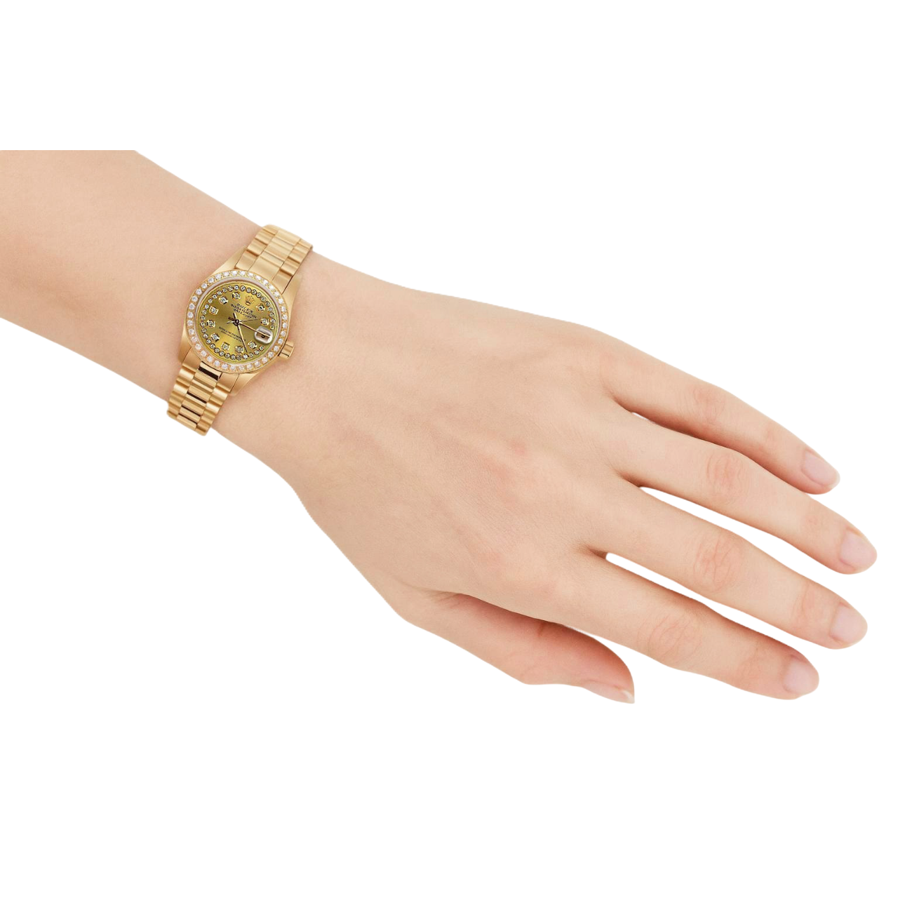 Rolex President Style Champagne String Dial Watch Yg Diamond Bezel