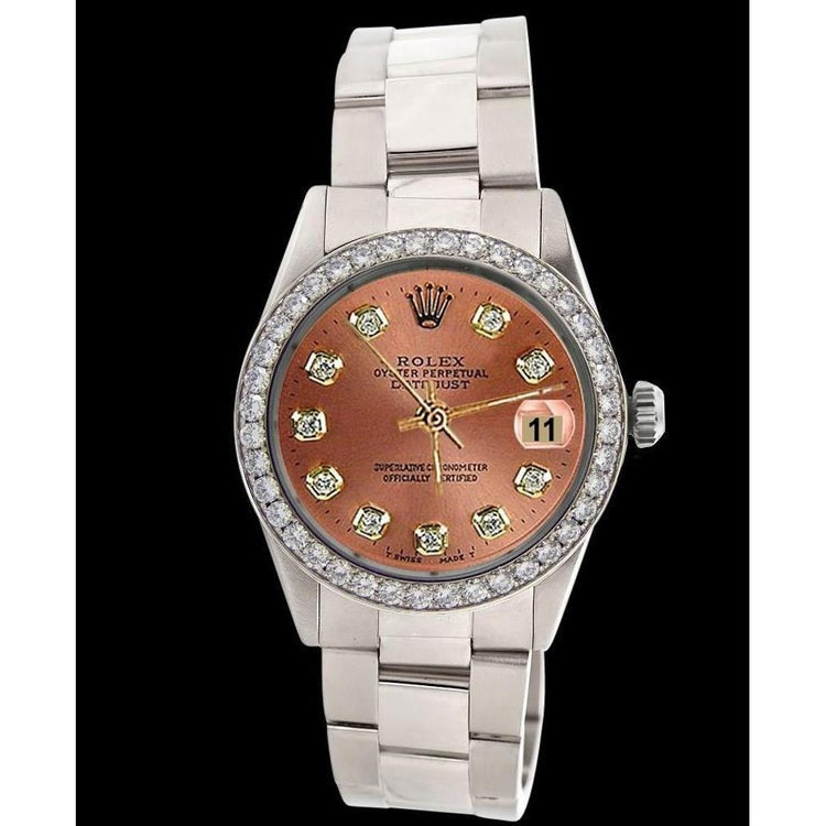 Rolex Brown Diamond Dial Bezel Oyster Band Men Watch Ss QUICK SET