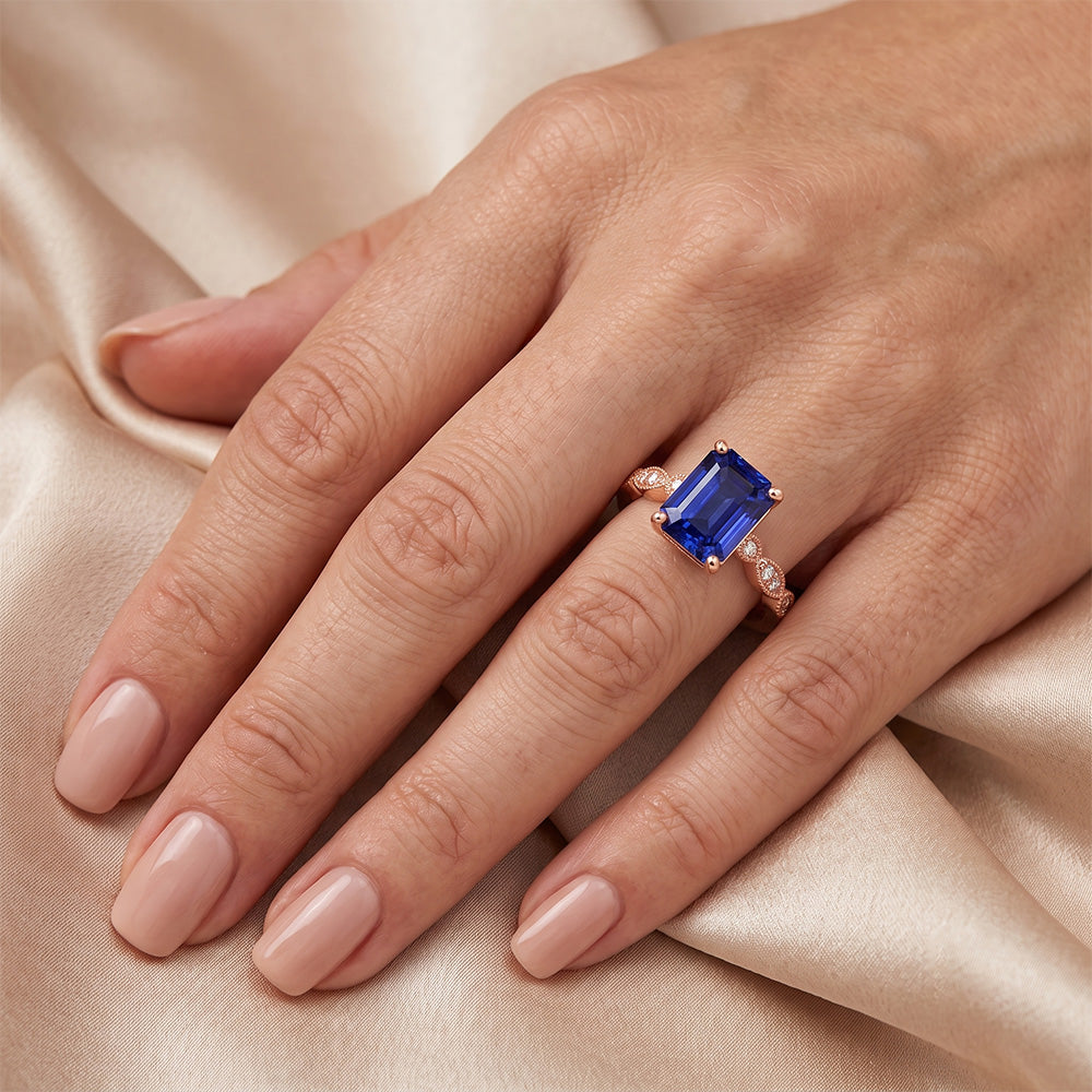 Rose Gold Gemstone Ring Emerald Blue Sapphire With Accents 3.50 Carats