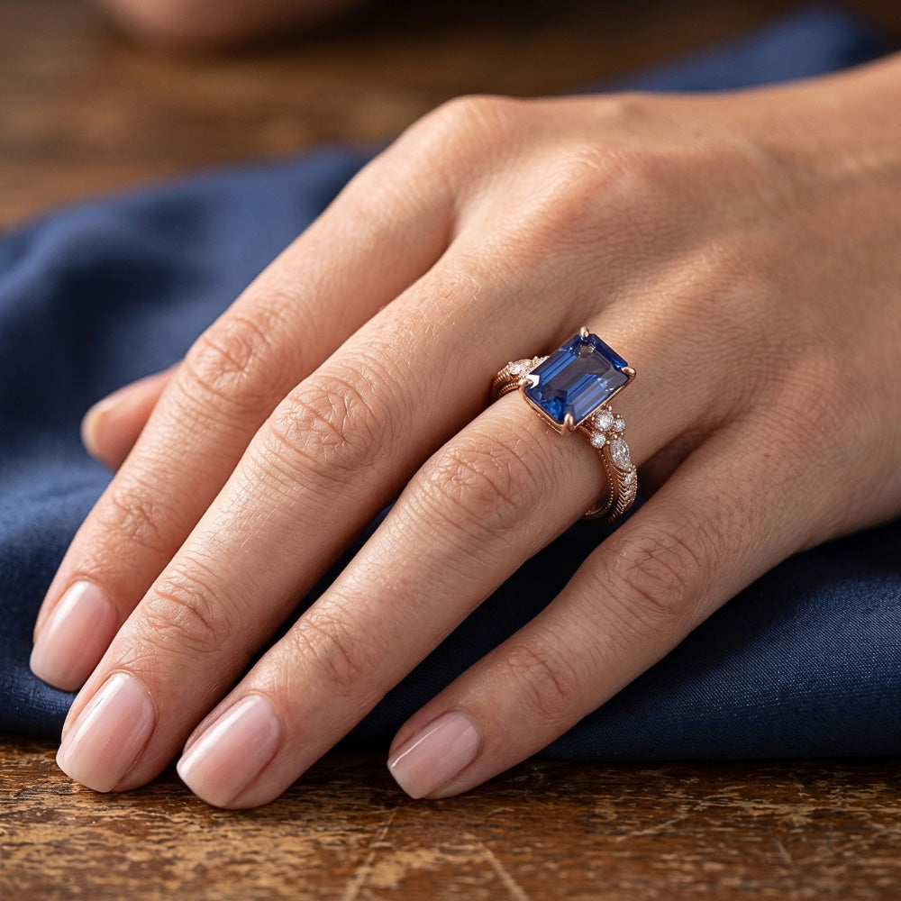 Rose Gold Natural Earth Mined Diamond ( Not Lab Grown ) Pave Setting Ring Radiant Blue Sapphire 4 Carats