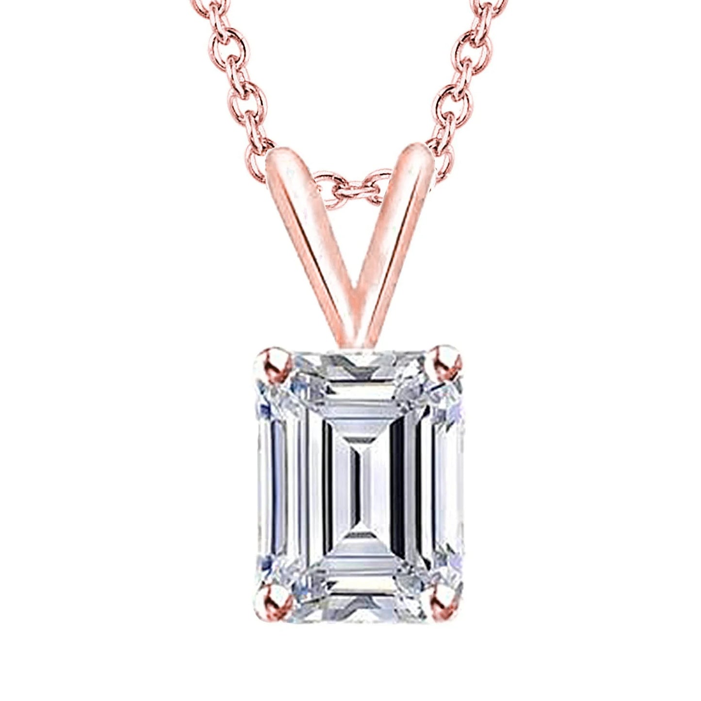 Rose Gold 14K Emerald Cut Real Diamond Necklace Pendant 2 Carats