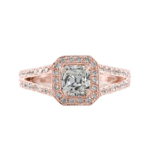 Rose Gold Halo Cushion Old Miner Genuine  Diamond Ring 2 Carats Split Shank