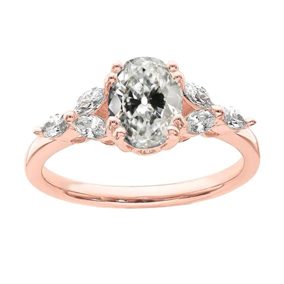 Rose Gold Marquise & Oval Old Cut Natural Diamond Wedding Ring 4.50 Carats