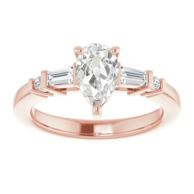 Rose Gold Real Pear Old Miner Diamond Ring Tapered Shank 3.65 Carats
