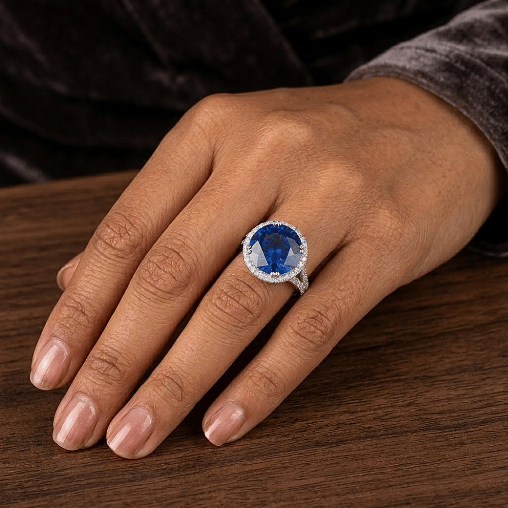 Round Blue Sapphire & Halo Natural Earth Mined Diamond ( Not Lab Grown ) Engagement Ring 10 Carats New
