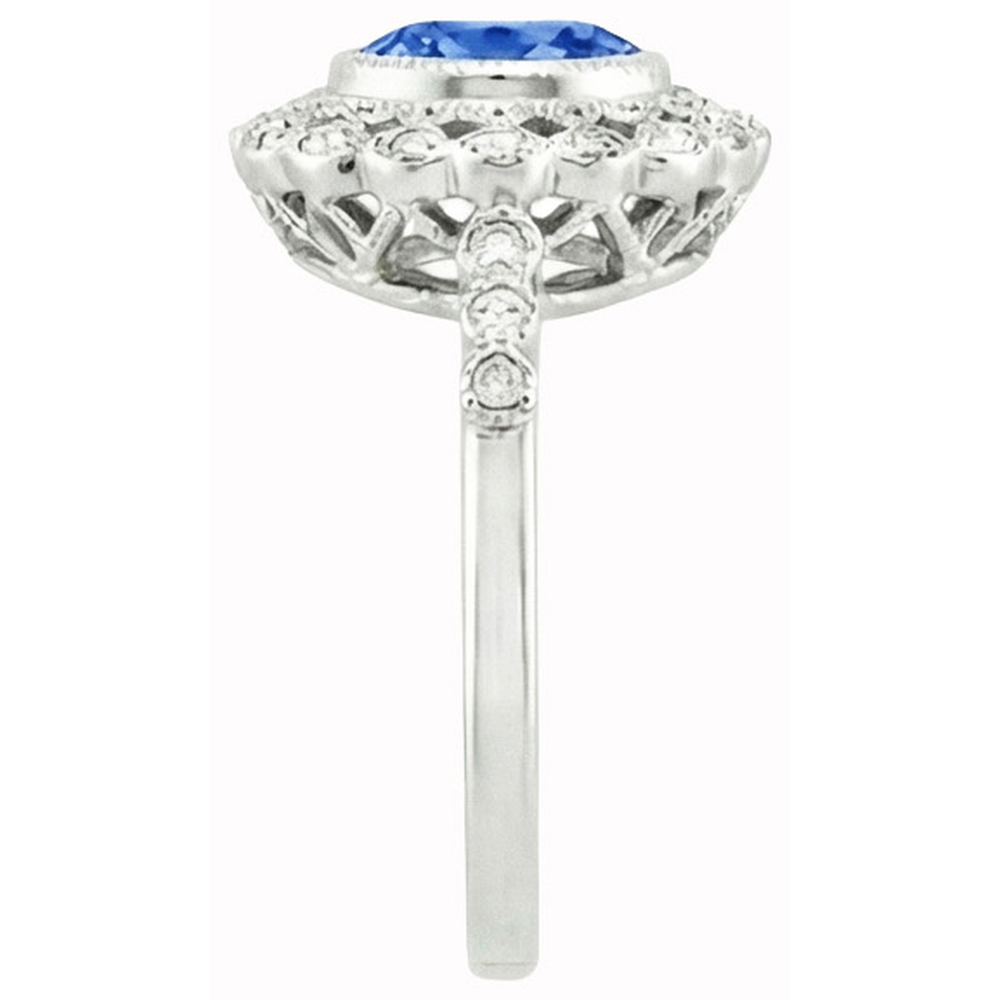 Round Ceylon Sapphire Natural Earth Mined Diamond ( Not Lab Grown ) Ring Bezel Set 3.80 Carat White Gold 14K