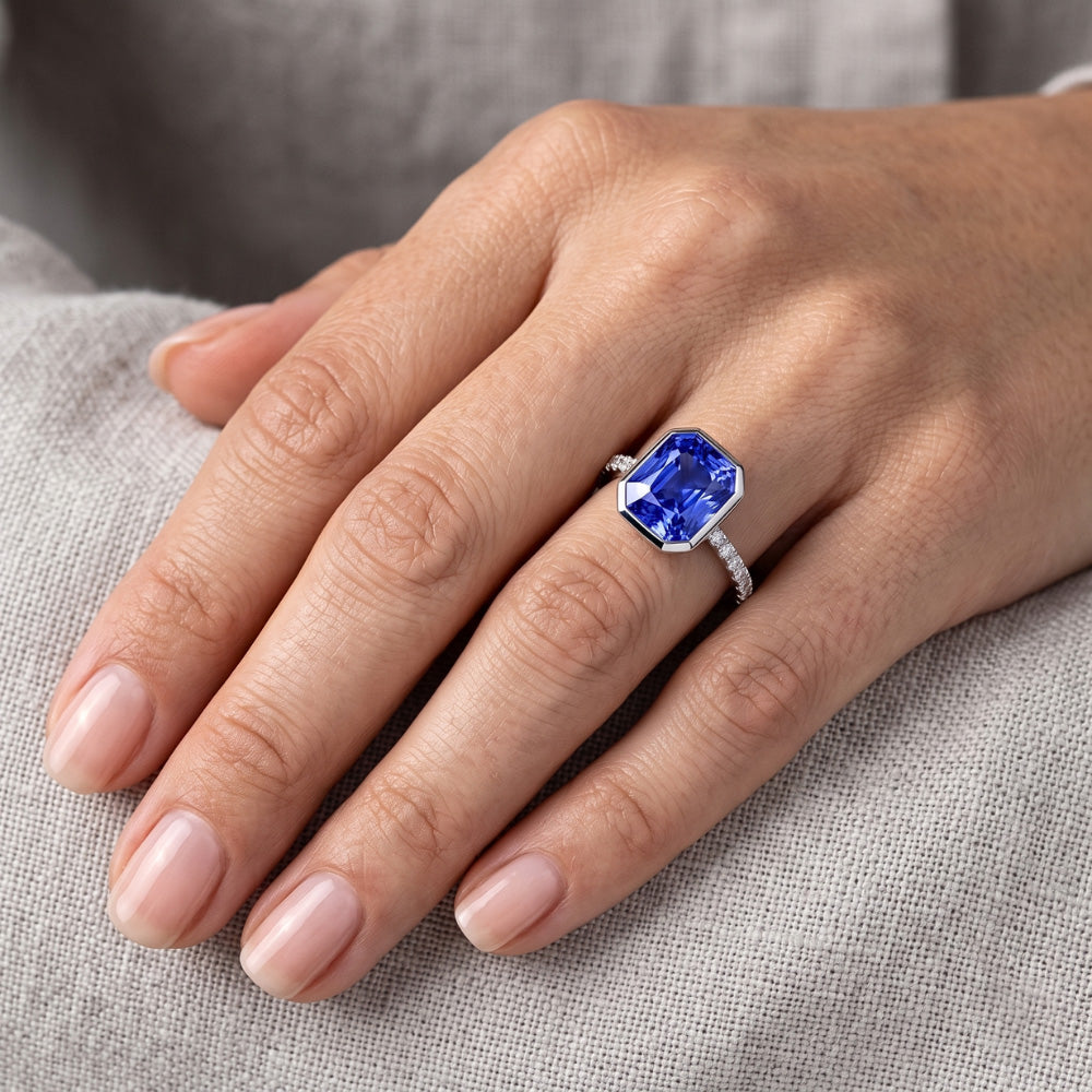 Round Natural Earth Mined Diamond ( Not Lab Grown ) Ceylon Sapphire Ring Bezel Set 4 Carats Pave ...
