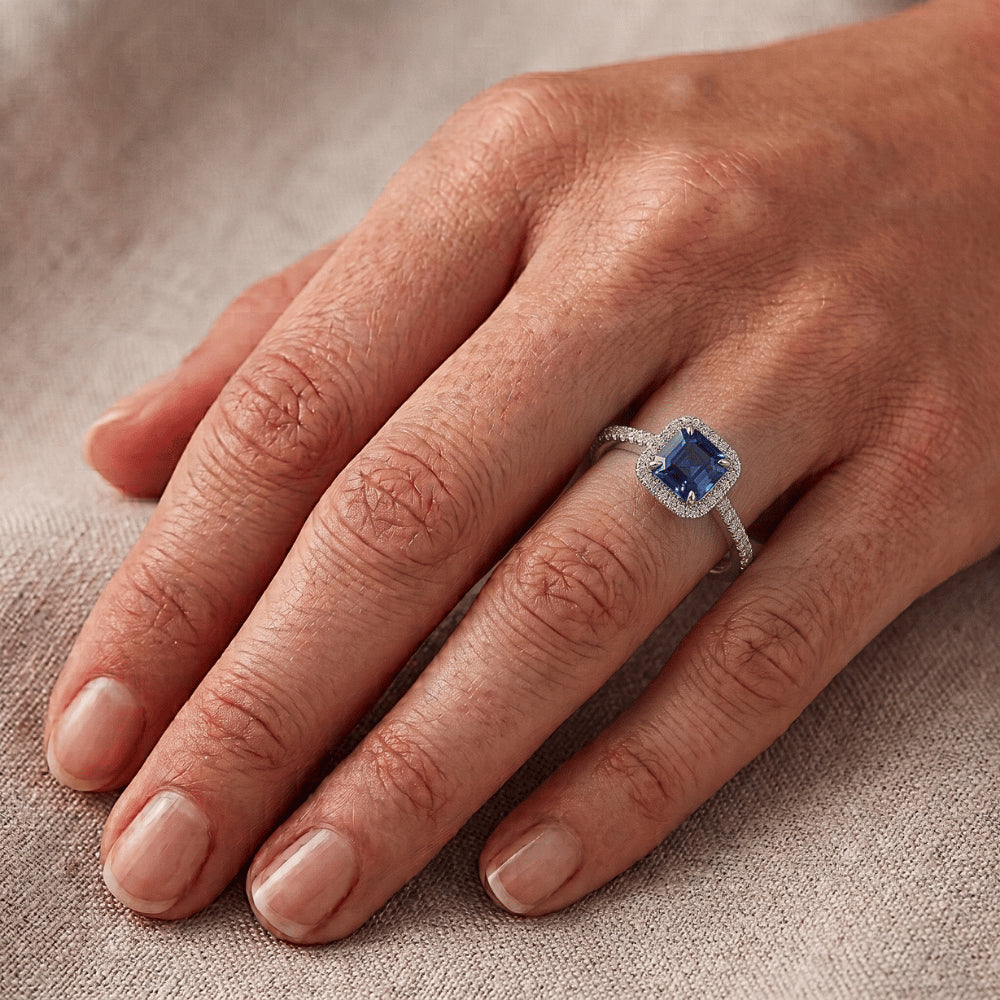 Round Natural Earth Mined Diamond ( Not Lab Grown ) Halo Asscher Blue Sapphire Engagement Ring 1.75 Carats