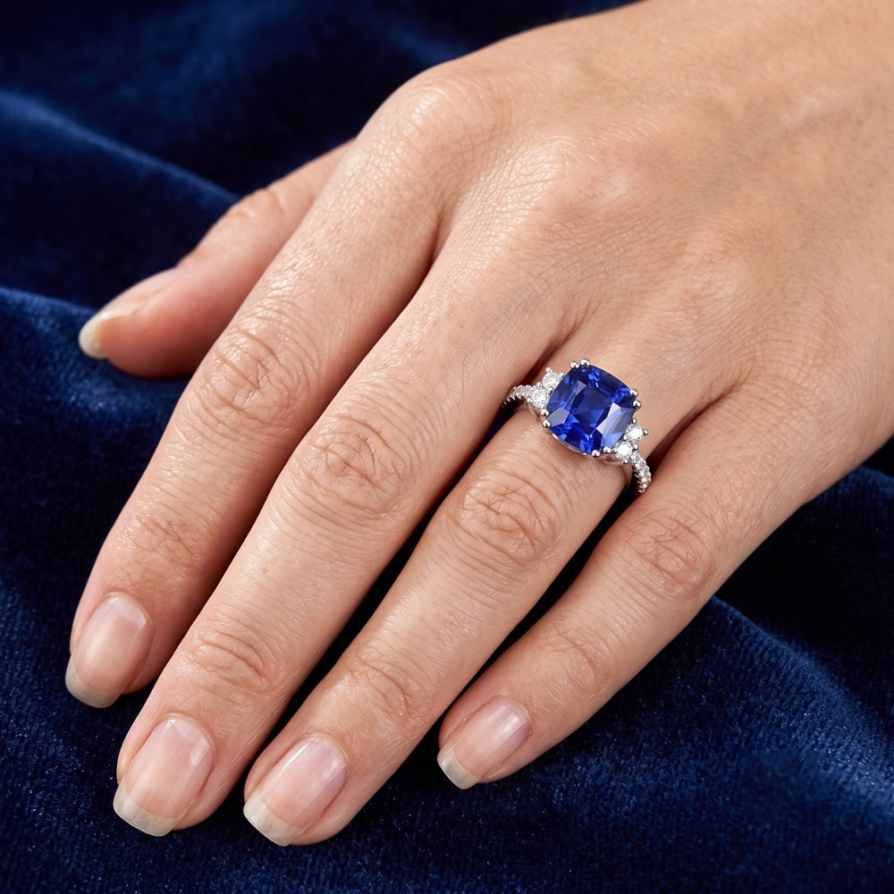 Round Natural Earth Mined Diamond ( Not Lab Grown ) Ring Cushion Ceylon Sapphire Gemstone 4.50 Carats Gold