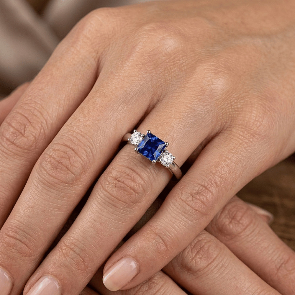 Round Natural Earth Mined Diamond ( Not Lab Grown ) & Princess Blue Sapphire Anniversary Ring 1.25 Carats