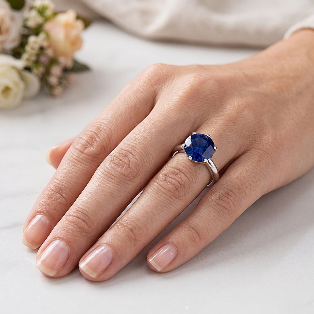 Round Solitaire Sapphire Mens Ring 3 Carats White Gold Jewelry