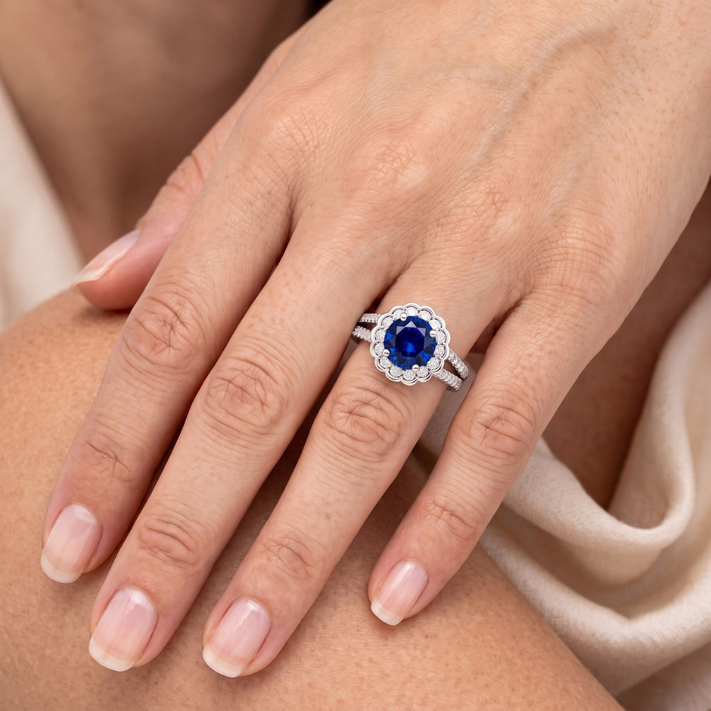 Round Sri Lanka Blue Sapphire Halo Natural Earth Mined Diamond ( Not Lab Grown ) Ring 2.25 Carats White Gold