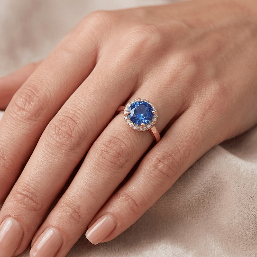 Round Women's Engagement Ring Halo Blue Sapphire Rose Gold 2.50 Carats