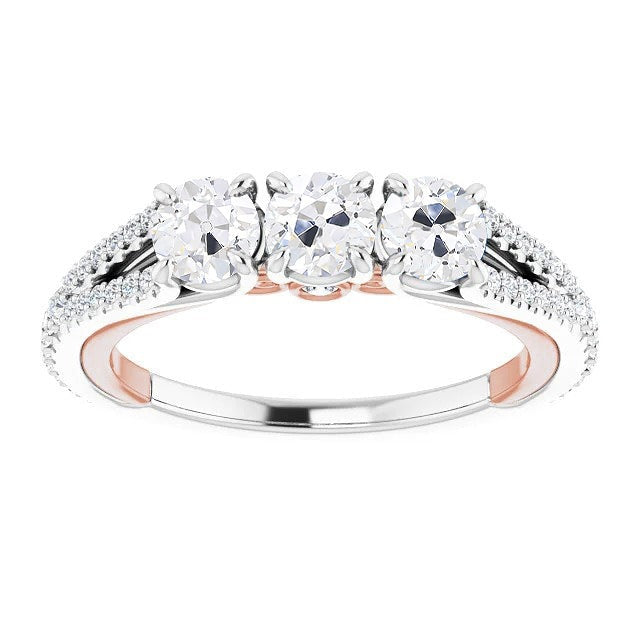 Round 3 Stone Style Real Old Cut Diamond Ring Prong Split Shank 5.75 Carats