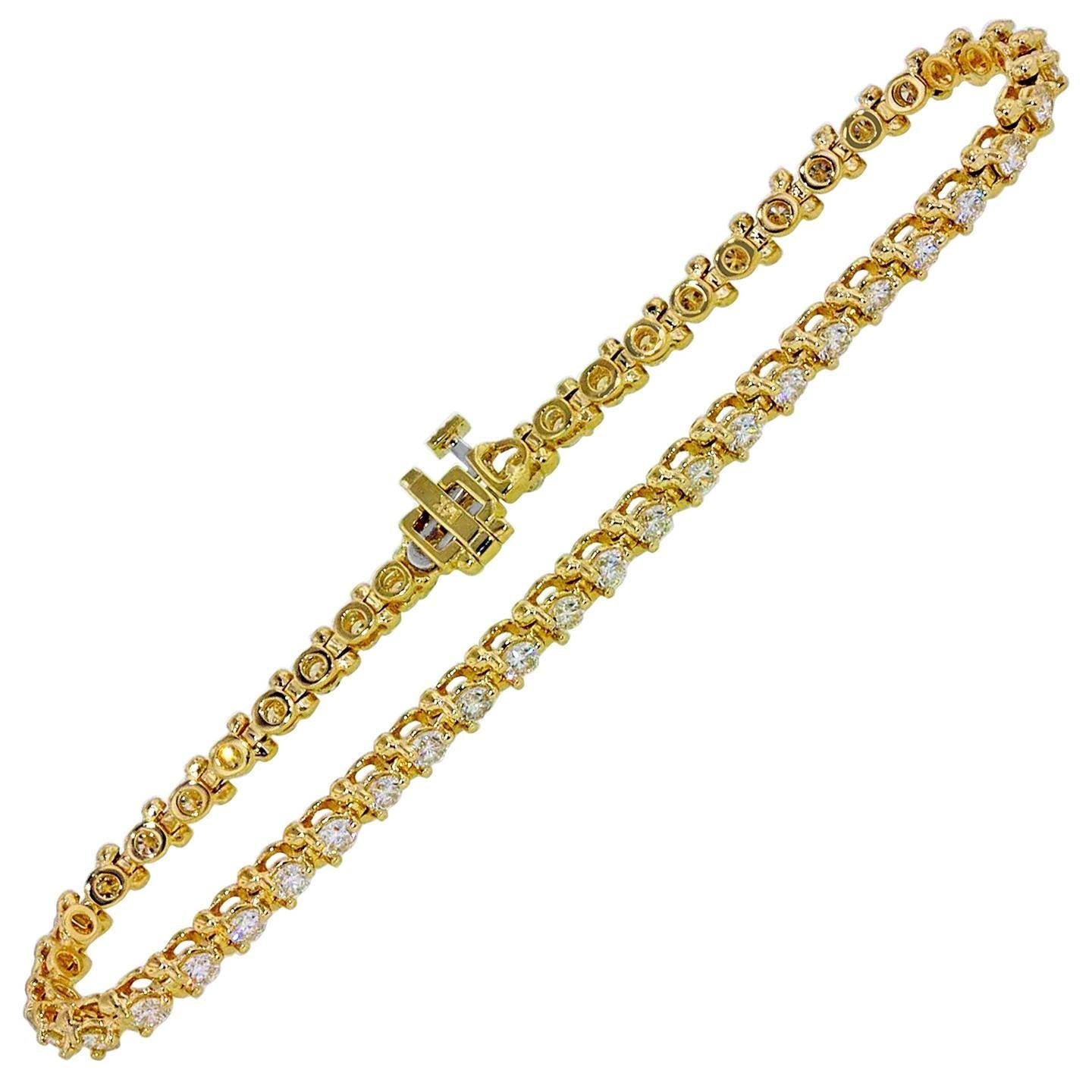 Round Cut Real 3 Carats Diamonds Tennis Bracelet Prong Set YG 14K