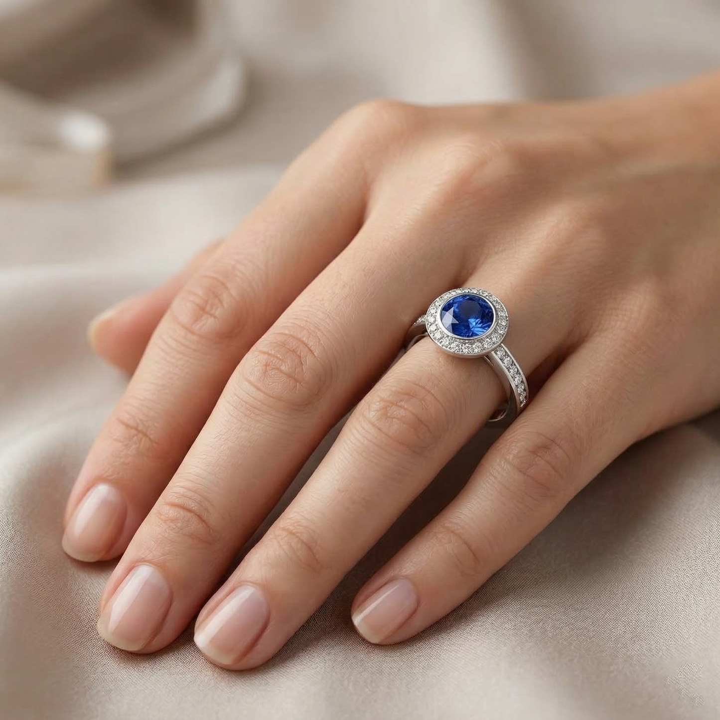 natural round sapphire 2.40ct ring on white background