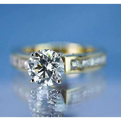 Round Engagement Ring 2.25 Carats Real Diamond Yellow Gold 14K Channel Set