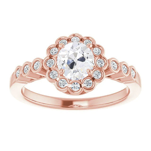 Round Halo Real Old Mine Cut Diamond Ring Bezel Set 4.25 Carats Rose Gold