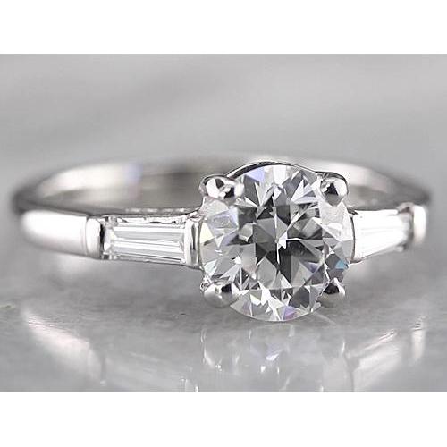 Round Natural Diamond 3 Stone Ring Baguettes White Gold 14K