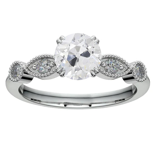 Round Natural Diamond Old Mine Cut Wedding Ring 3 Carats Double Prong Milgrain