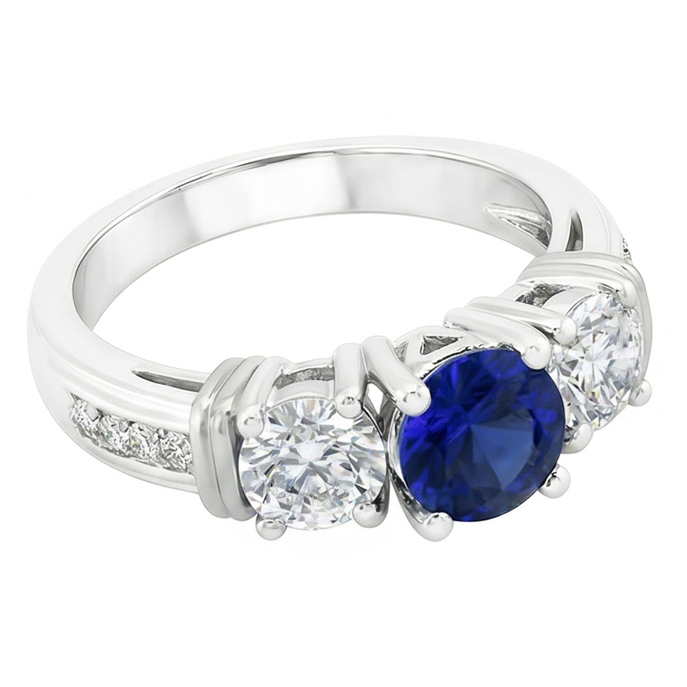 Round Natural Earth Mined Diamond ( Not Lab Grown ) Bezel Set Blue Sapphire Ring 3 Carats White G...