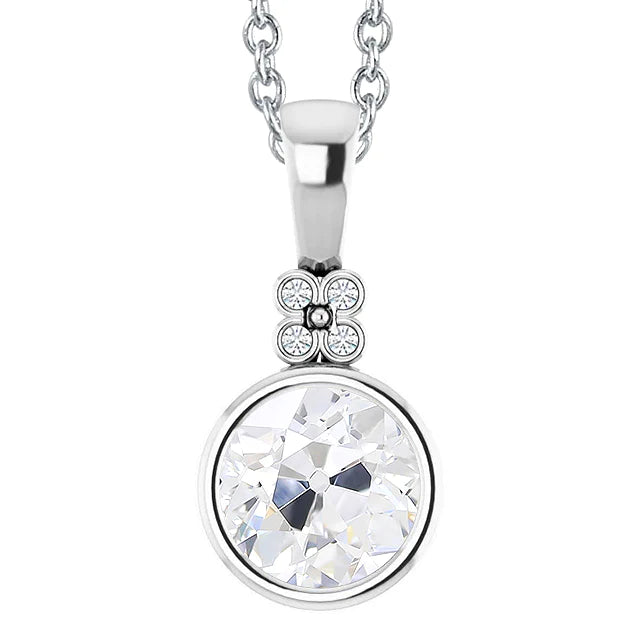 Round Old Cut Bezel Set Real Diamond Pendant With Chain 3 Carats Gold 14K