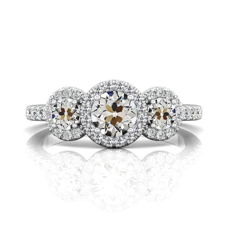 Round Old Cut Genuine Diamond Halo Wedding Ring 3 Stone Style 6 Carats - Three Stone Ring-harrychadent.ca
