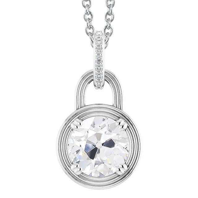 Round Old Cut Genuine Diamond Pendant Lock Style 3.50 Carats White Gold 14K
