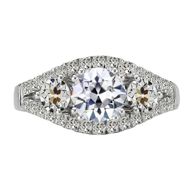 Round Old Cut Real Diamond Engagement Ring 3 Stone Style 6.50 Carats