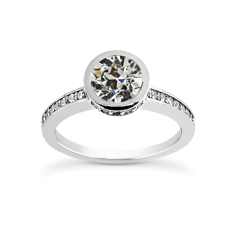 Round Old Cut Real Diamond Engagement Ring Bezel Set Gold 2.50 Carats
