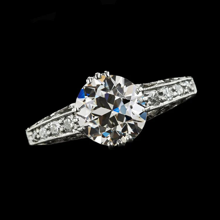 Round Old Mine Cut Genuine Diamond Ring 14K Gold 3 Carats Accented Jewelry