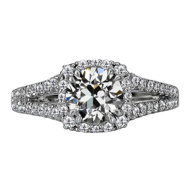 Round Old Mine Cut Natural Diamond Halo Ring Split Shank 7 Carats