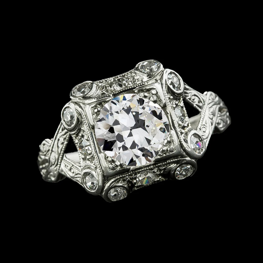 Round Old Mine Cut Natural Diamond Ring Antique Style 3 Carats Split Shank