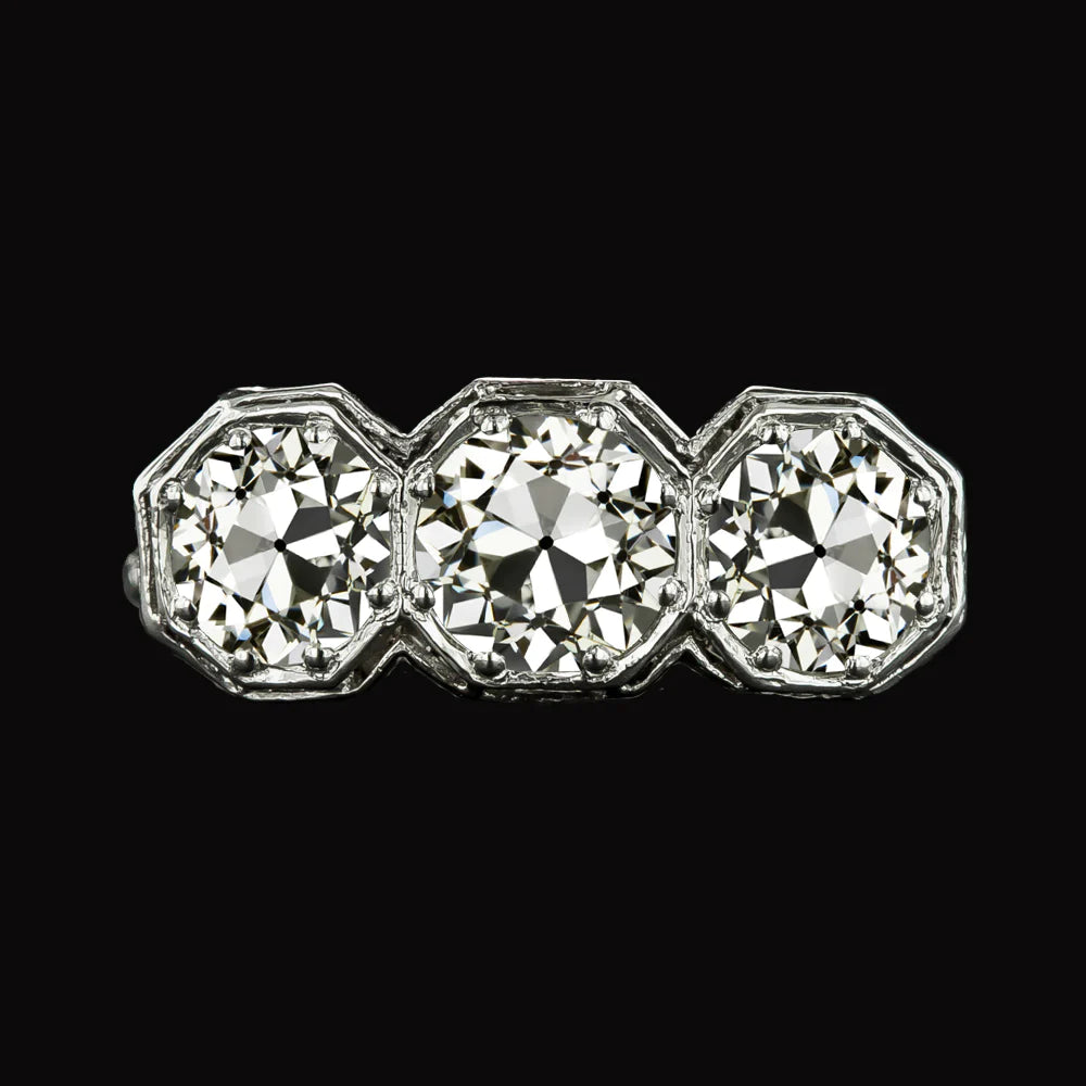 Round Old Mine Cut Real Diamond Ring 3 Stone Gold Jewelry 6 Carats