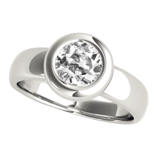 Round Old Mine Cut Real Diamond Solitaire Ring Bezel Set 2 Carats Gold 14K