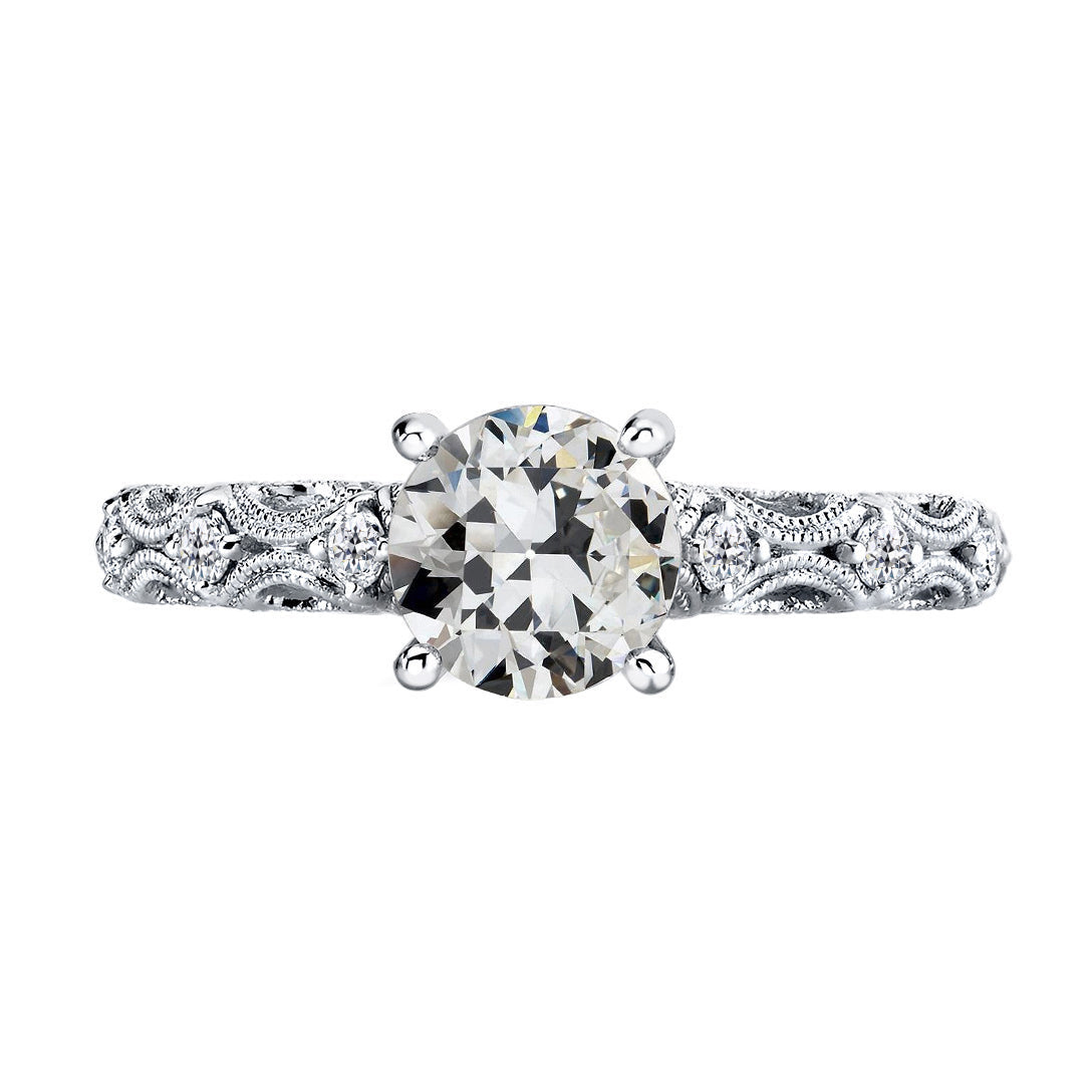Diamond Antique Cushion Solitaire with Side Stones in 14K White Gold – main view