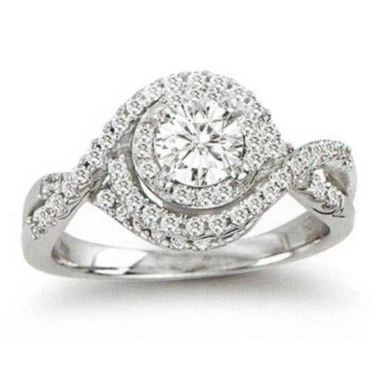 Round Real Diamond Halo Ring 2.25 Carats Twisted Shank White Gold 14K New