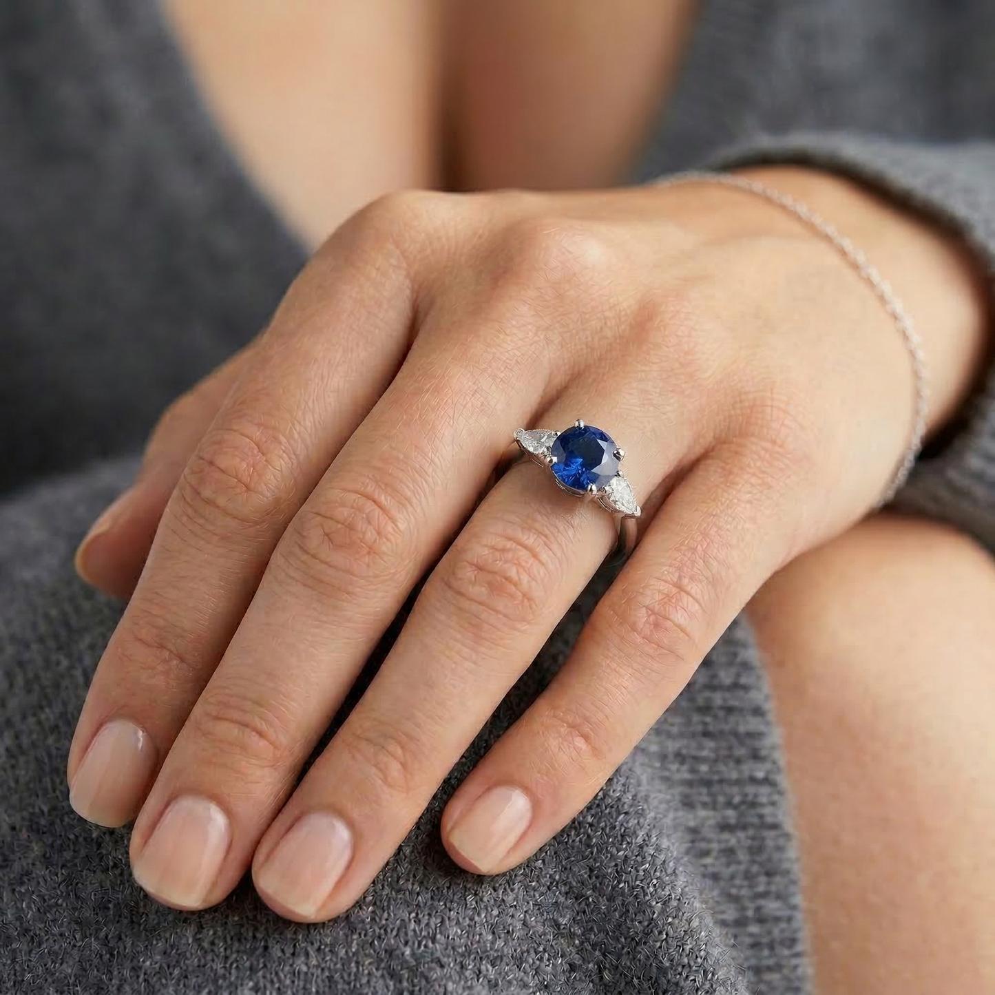 Round & Marquise Ceylon Blue Sapphire Natural Earth Mined Diamond ( Not Lab Grown ) s Ring White Gold 2.50 Ct