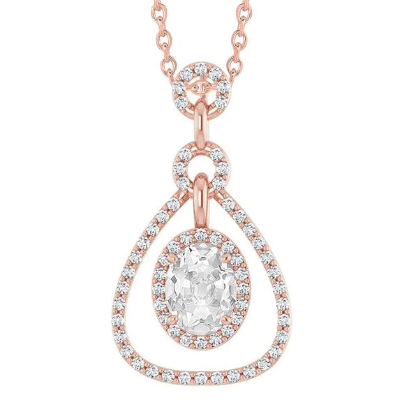 Round & Oval Old Cut Halo Natural Diamond Pendant Rose Gold 4 Carats