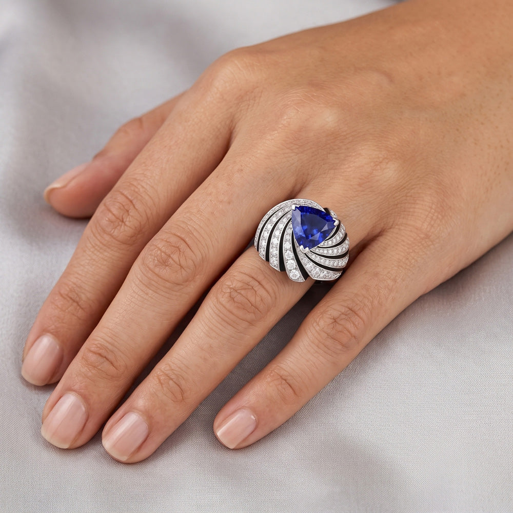 Sapphire And Natural Earth Mined Diamond ( Not Lab Grown ) Ladies Cocktail Ring