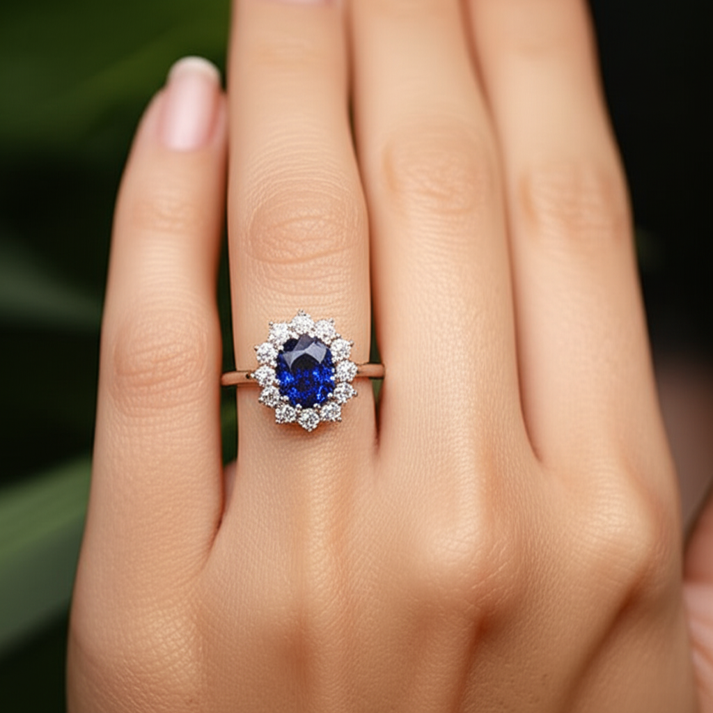 Sapphire Cluster Natural Earth Mined Diamond ( Not Lab Grown ) Ring