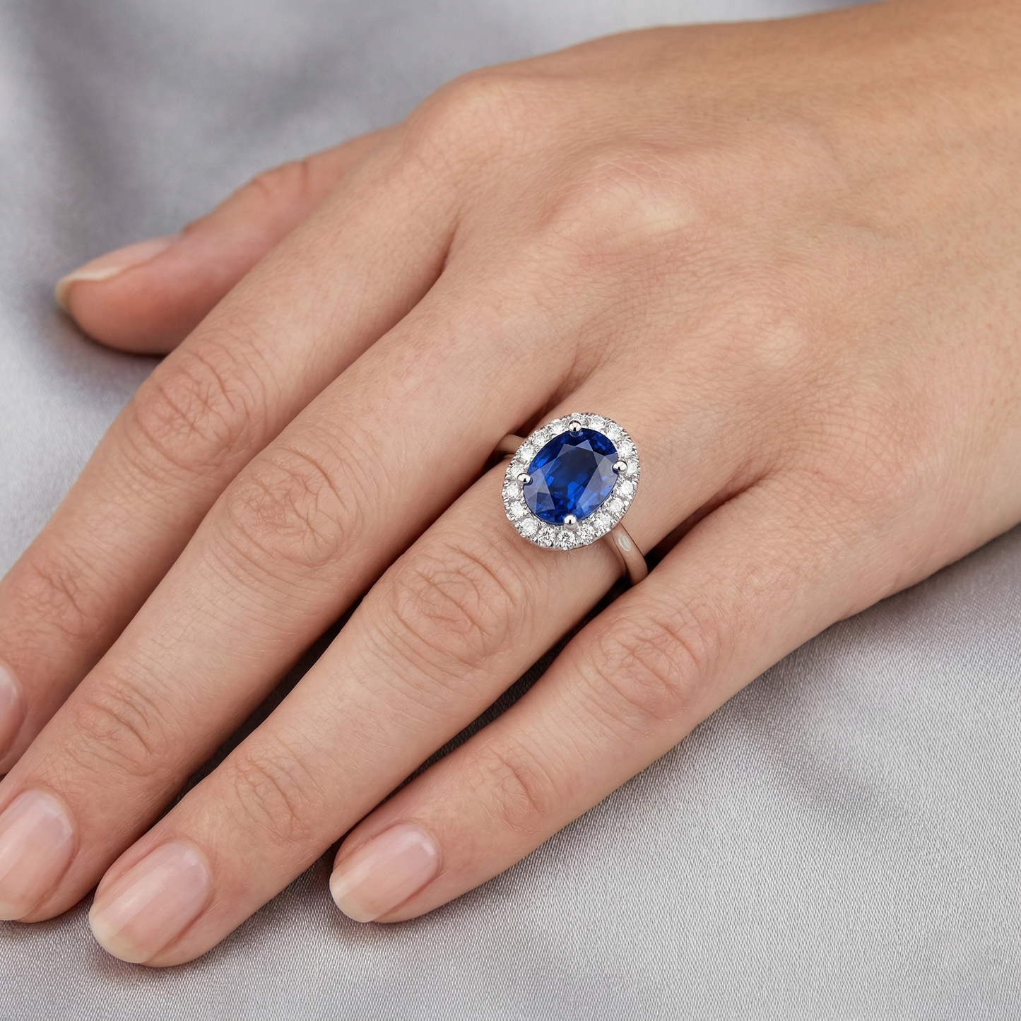 Sapphire And Natural Earth Mined Diamond ( Not Lab Grown ) s 5 Carats Halo Ring White Gold 14K