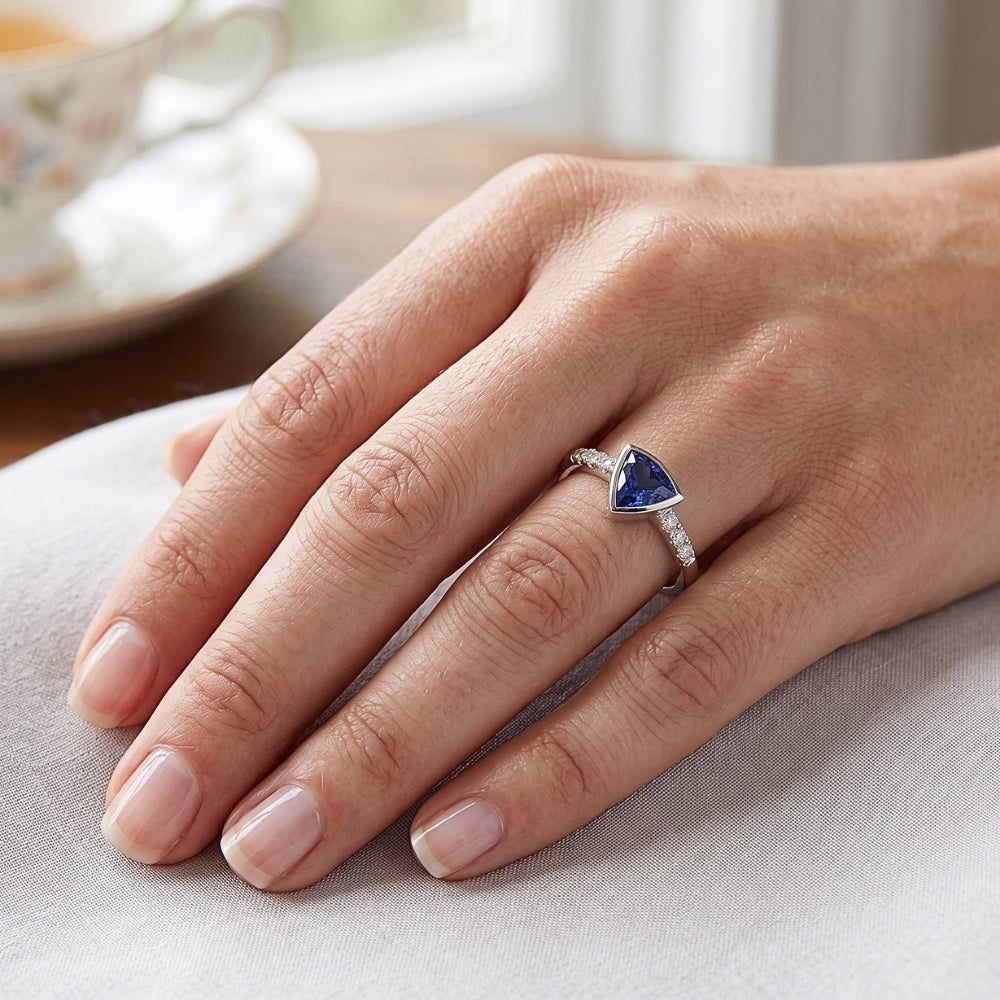 Small Round Natural Earth Mined Diamond ( Not Lab Grown ) Ring Trillion Bezel Set Blue Sapphire 0...
