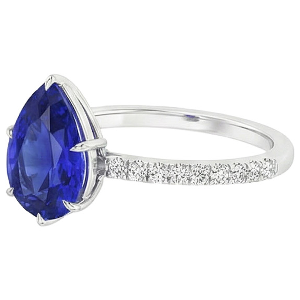 Solitaire Blue Sapphire Ring Pear Cut & Pave Set Natural Earth Mined Diamond ( Not Lab Grown )s 4.50 Carats