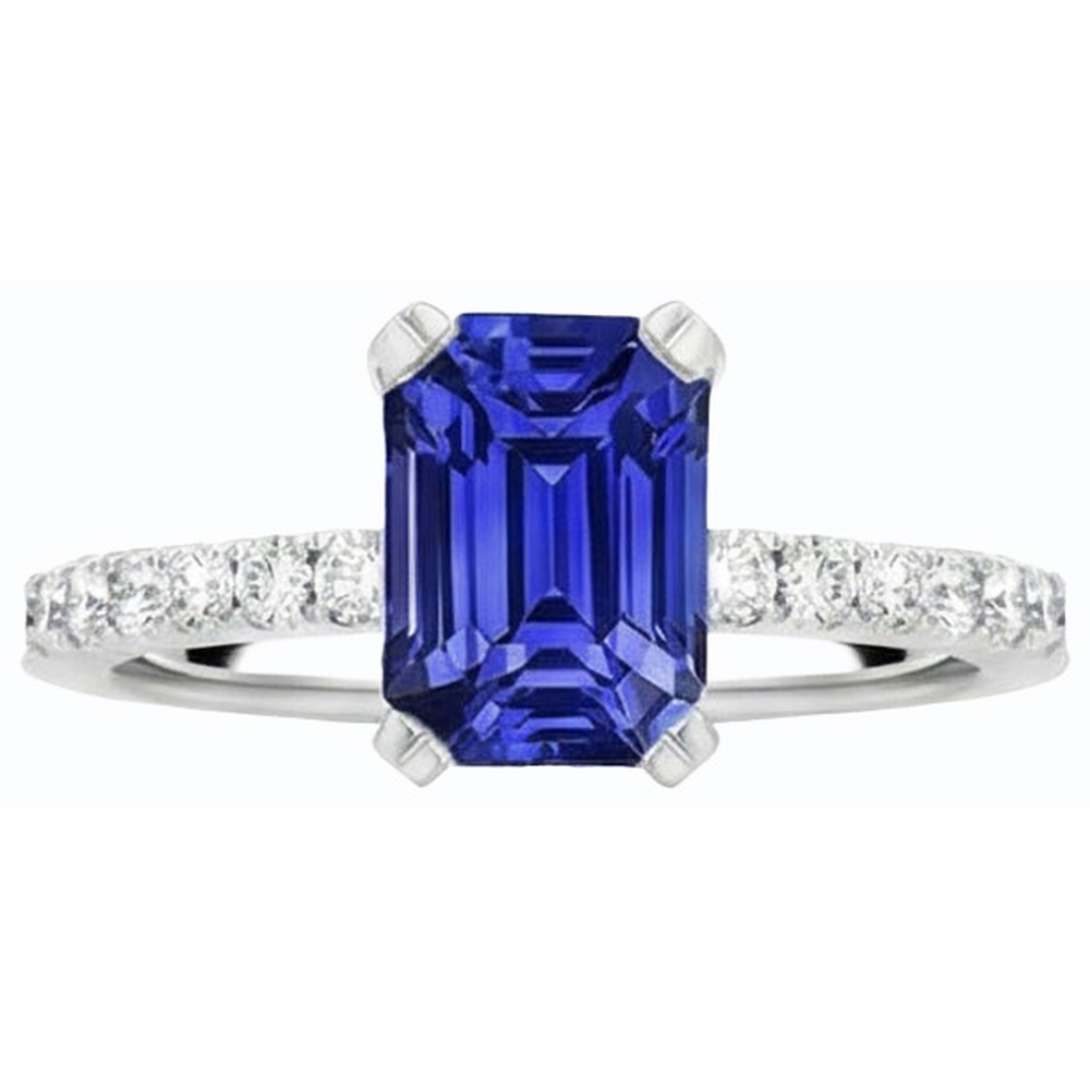 Solitaire Emerald Blue Sapphire Ring & Pave Set Natural Earth Mined Diamond ( Not Lab Grown )s 3.50 Carats