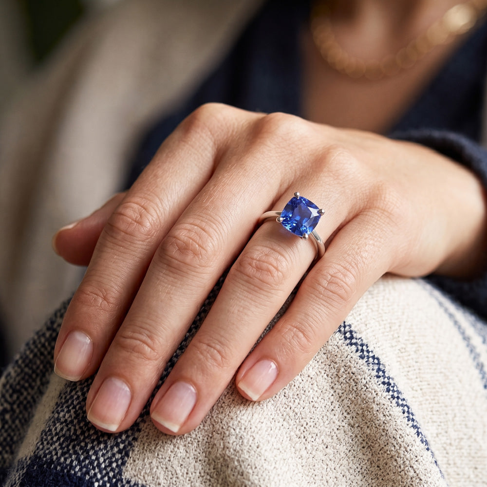 Solitaire Gemstone Jewelry Cushion Ceylon Sapphire Ring 1.50 Carats